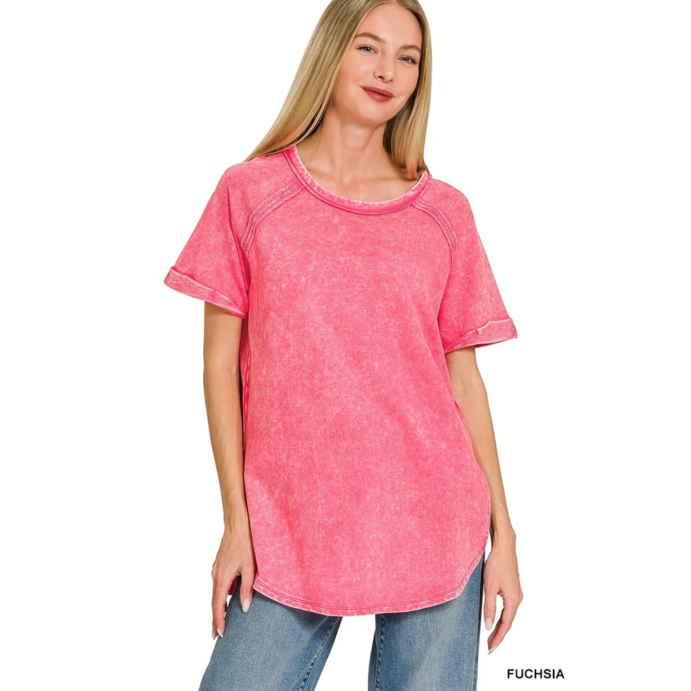 Zenana Terry Acid Wash Pullover Women Size Small Fuchsia NWT Short Cuff Sleeve